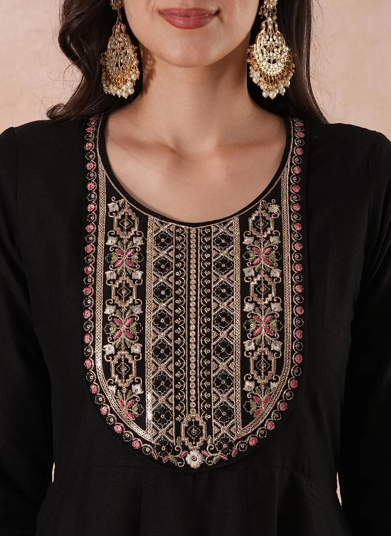 globus Black Globus Women Black Floral Yoke Design Zari & Sequinned Round Neck Anarkali Festive Kurta for Women | Best Price UAE